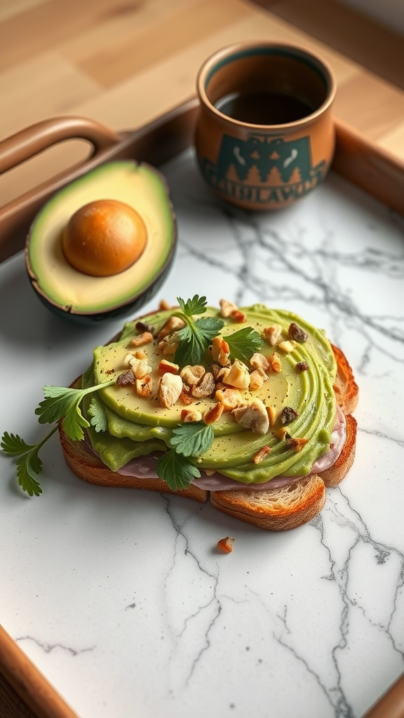 A gourmet avocado toast on a marble tray with a half avocado and a small cup of coffee.