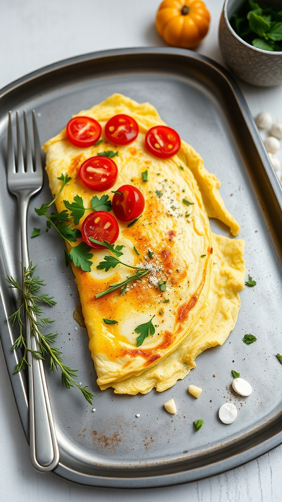 A gourmet omelette topped with cherry tomatoes and fresh herbs on a silver tray.