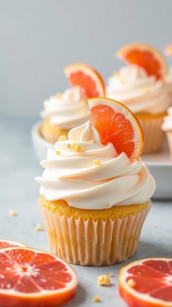 Grapefruit Blossom Cupcakes topped with grapefruit slices and cream