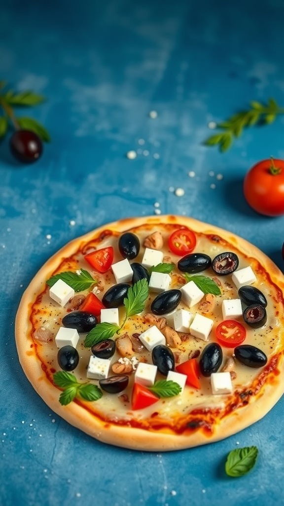 A delicious Greek pizza topped with olives, feta cheese, cherry tomatoes, and fresh herbs.
