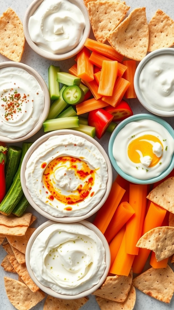 A variety of Greek yogurt dips served with fresh vegetables and pita chips.