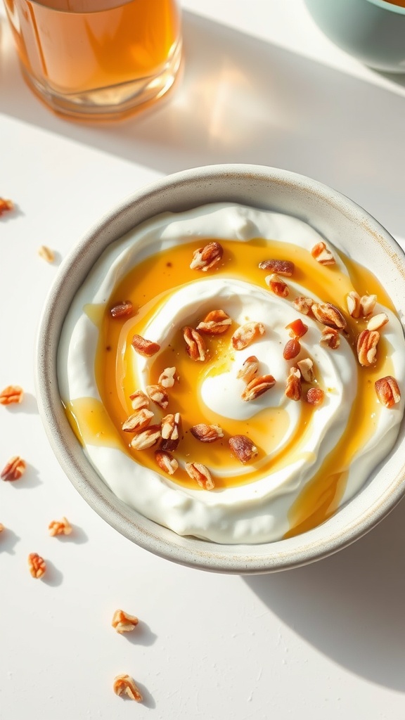 A bowl of Greek yogurt topped with honey and nuts, served as a healthy breakfast option.