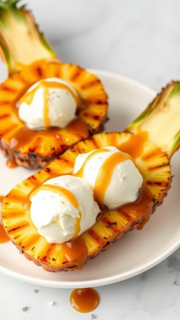 Grilled pineapple sundae with vanilla ice cream and caramel sauce