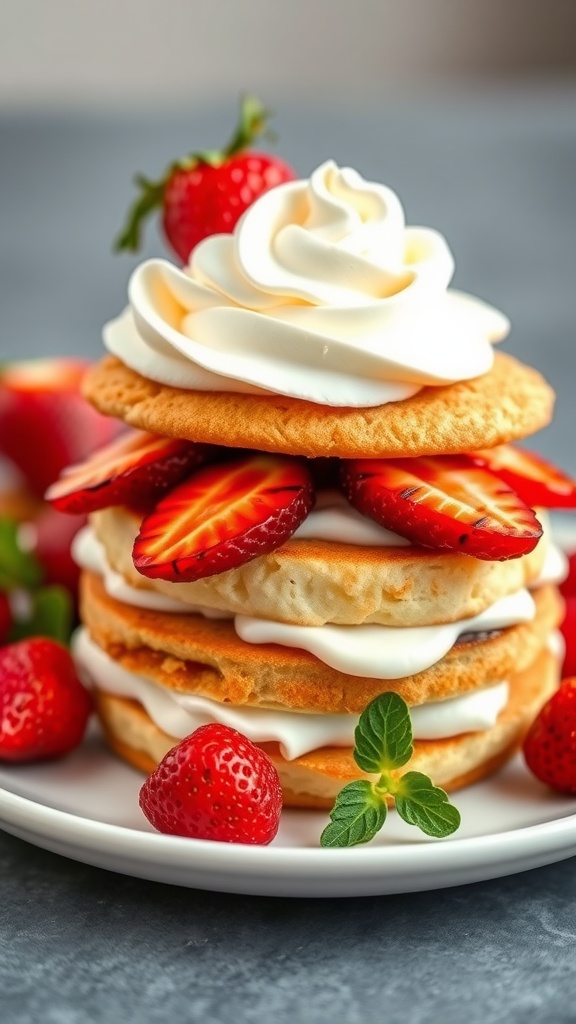 A layered dessert featuring shortcake, strawberries, and whipped cream.