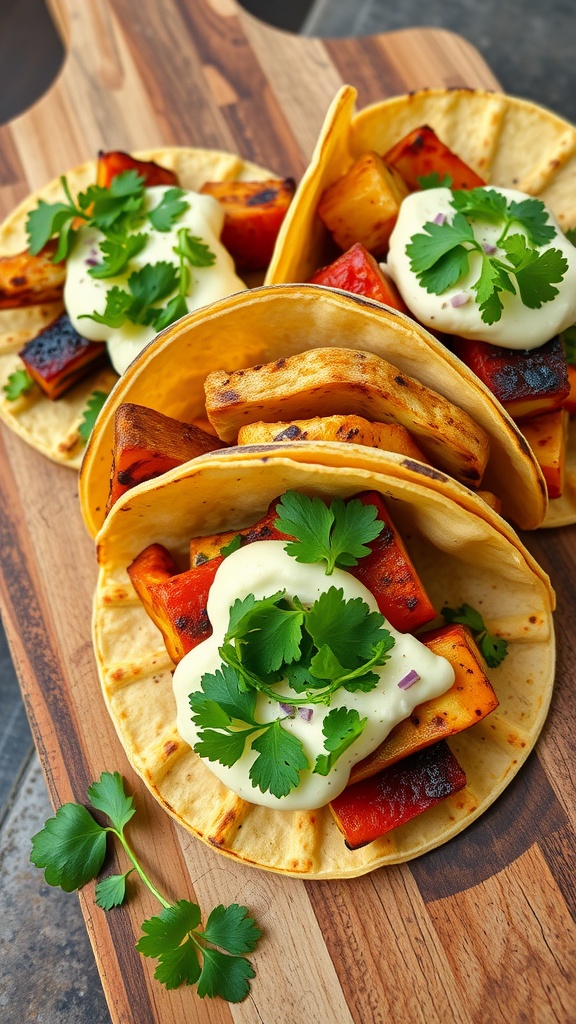 Delicious grilled vegetable and hummus tacos topped with fresh cilantro, served in soft tortillas.