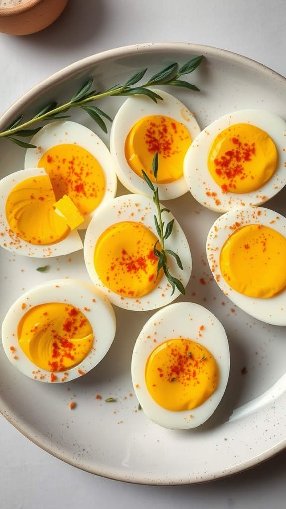 A plate of hard-boiled eggs halved and garnished with spices and herbs