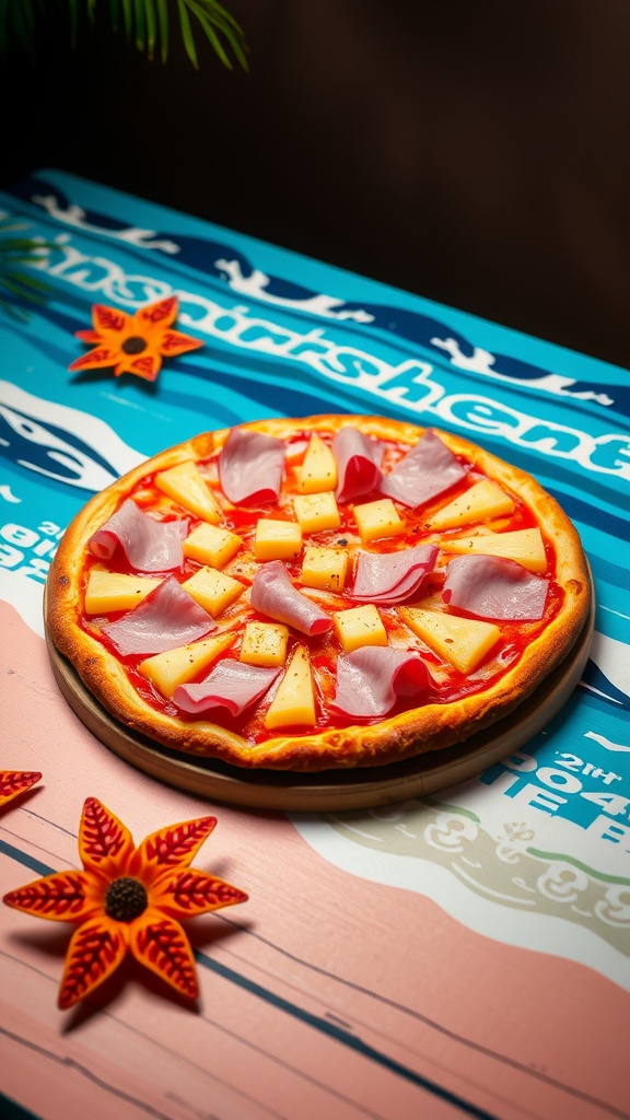 A Hawaiian pizza topped with ham and pineapple on a colorful surface.