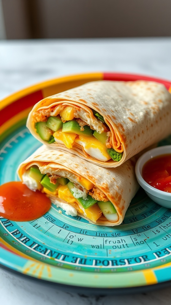 A colorful plate featuring two hearty breakfast burritos filled with cheese and vegetables, served with salsa on the side.