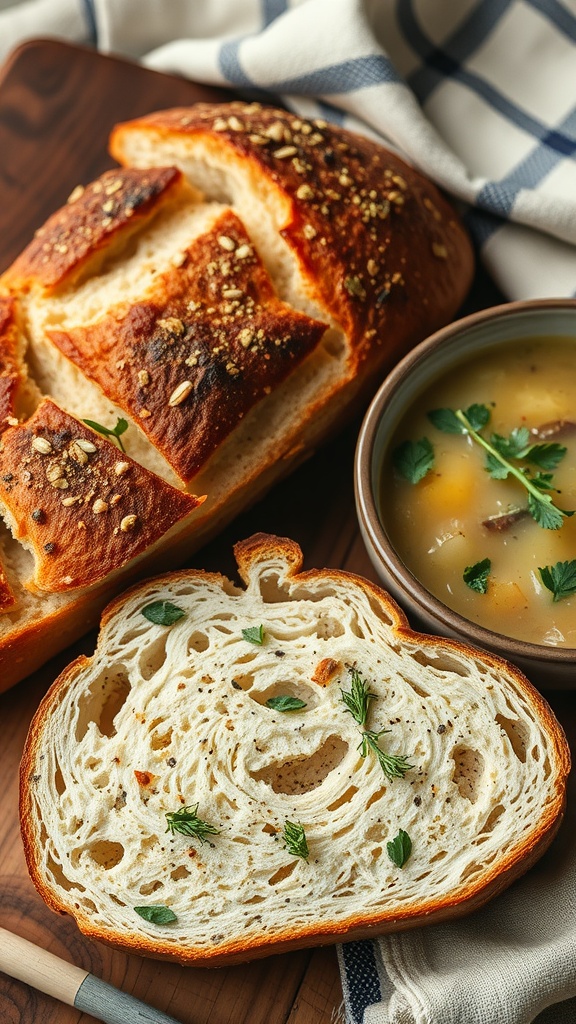 Crusty bread with herbs on a wooden board next to a bowl of soup