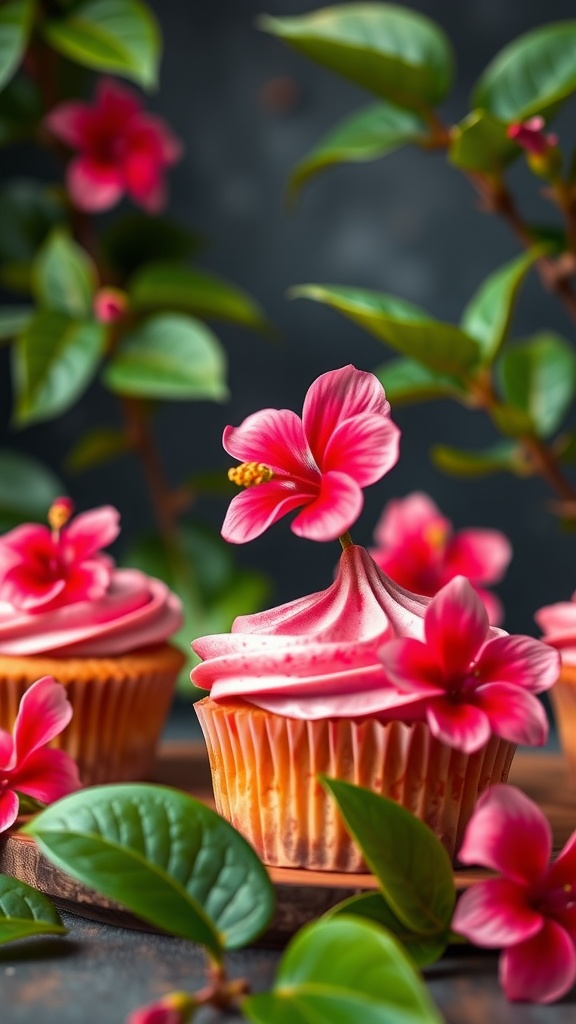Hibiscus cupcakes decorated with flowers and leaves, perfect for a bridal shower.