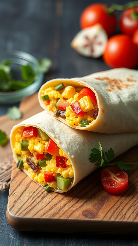 Homemade breakfast burrito filled with eggs, vegetables, and cheese on a wooden cutting board.