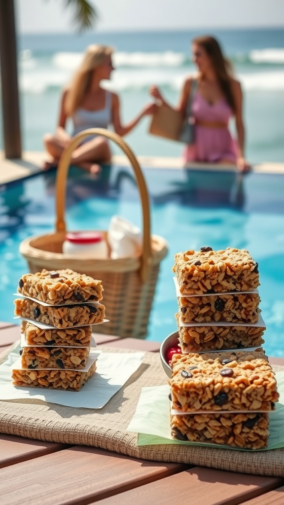 Stack of homemade granola bars on a wooden board with chocolate chips around them.