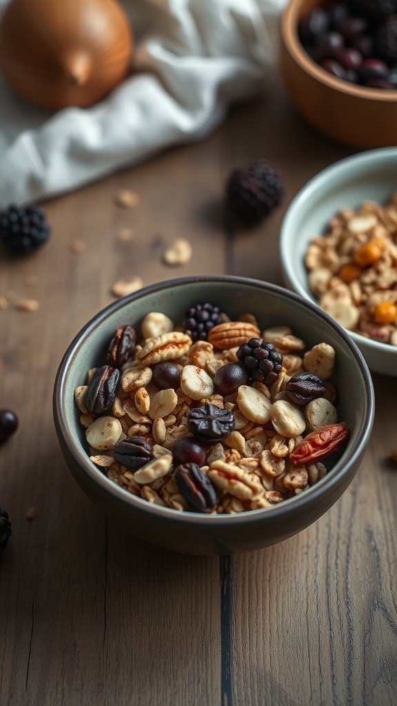 A bowl of homemade muesli with oats, nuts, and dried fruits.
