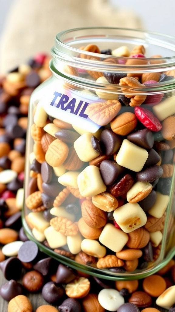 A jar filled with a colorful assortment of trail mix ingredients, including nuts, dried fruit, and chocolate.