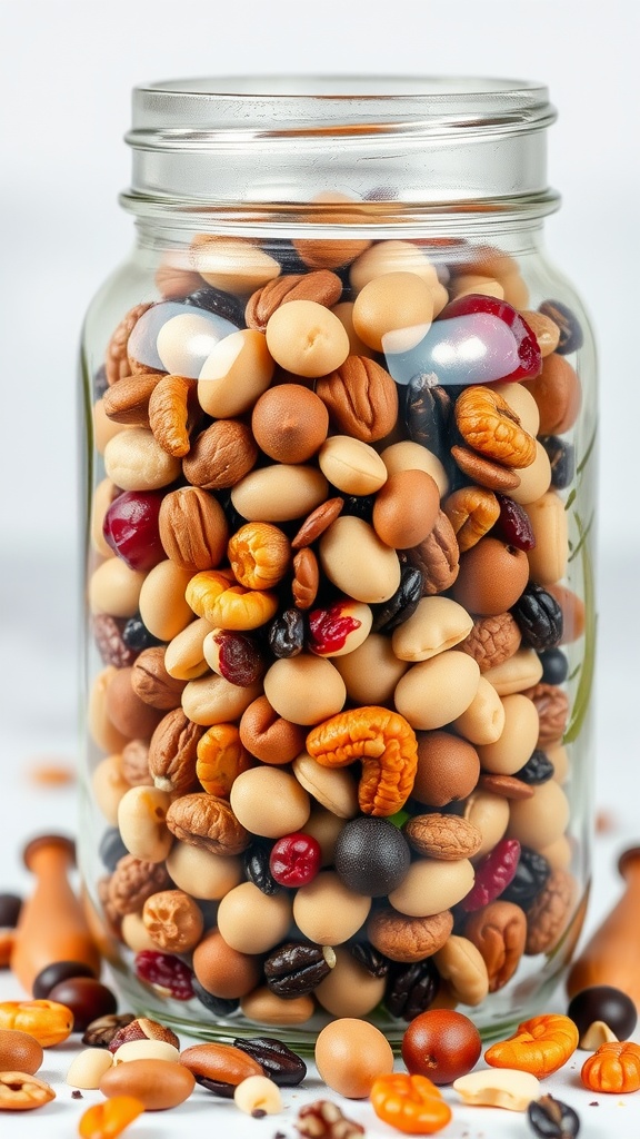 A jar filled with a vibrant mix of nuts and dried fruits, showcasing a variety of textures and colors.