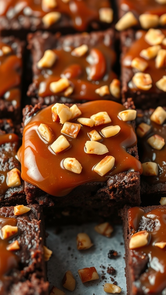 Honey BBQ Caramel Brownies topped with honey BBQ and caramel sauce, garnished with chopped nuts.