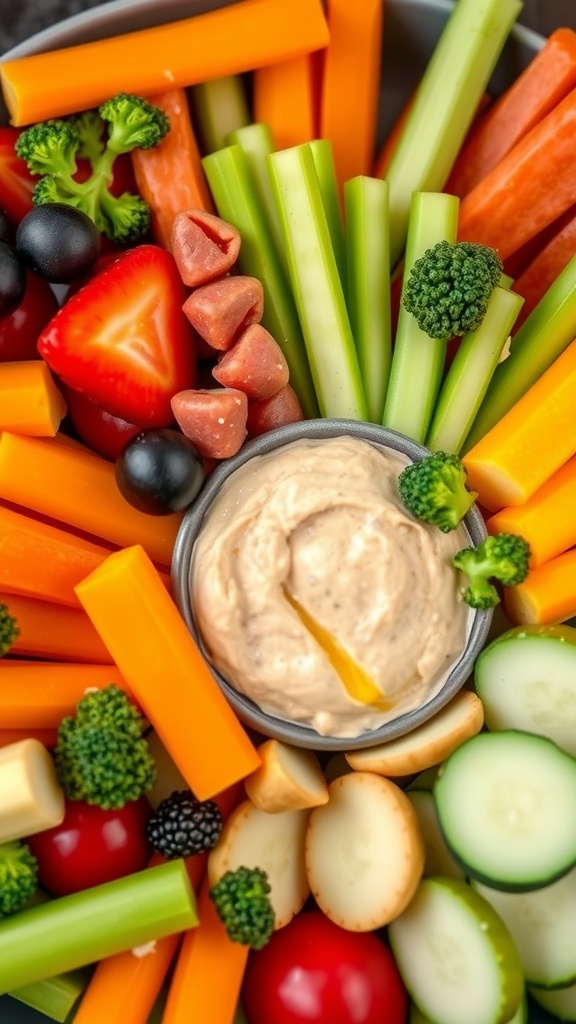 A colorful platter of fresh vegetables served with hummus.