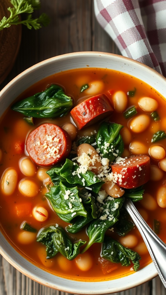 A bowl of Italian sausage and kale soup garnished with parmesan cheese.
