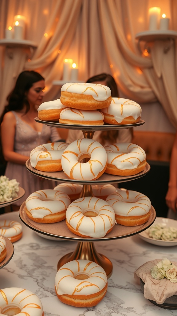 Ivory marble glazed donuts on a decorative stand, perfect for a toga party.