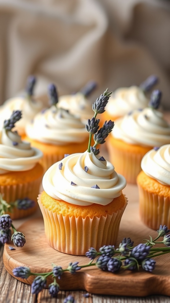 Lavender Honey Cupcakes decorated with lavender sprigs
