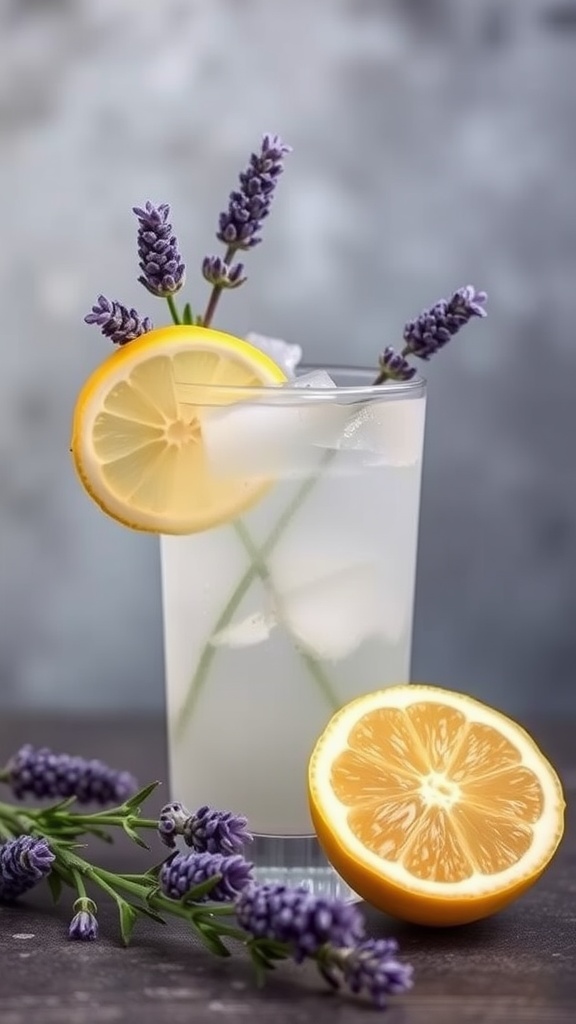 A refreshing glass of lavender lemonade garnished with lemon slices and sprigs of lavender.