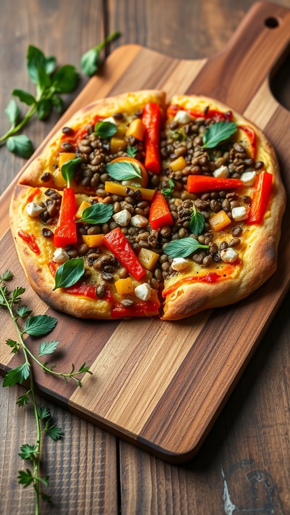 Lentil and Roasted Vegetable Pizza on a wooden board