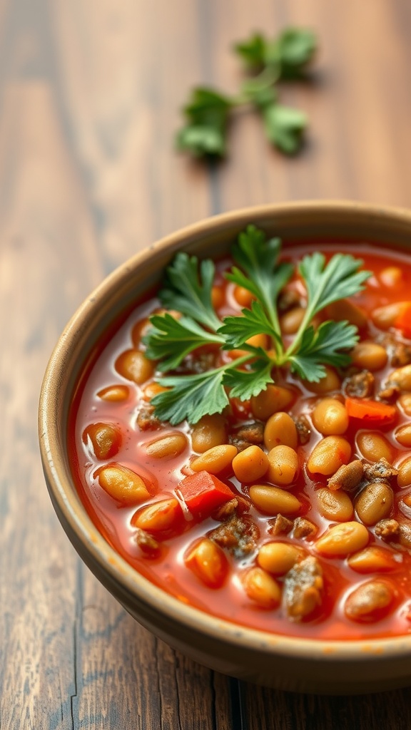 A bowl of lentil soup garnished with parsley, showcasing a rich, hearty texture.
