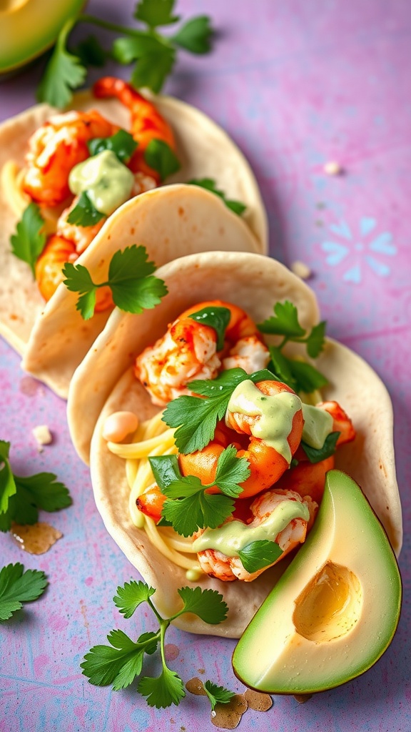 Delicious lobster tacos topped with cilantro and lime dressing, served in soft tortillas.