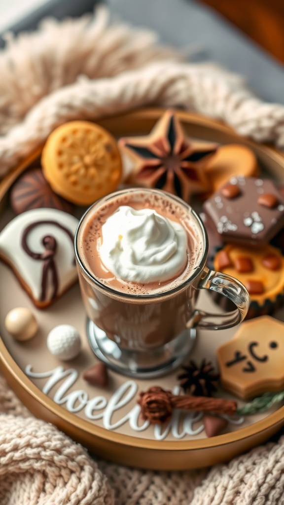 A cozy breakfast tray featuring hot chocolate topped with whipped cream, surrounded by decorative cookies and chocolates.