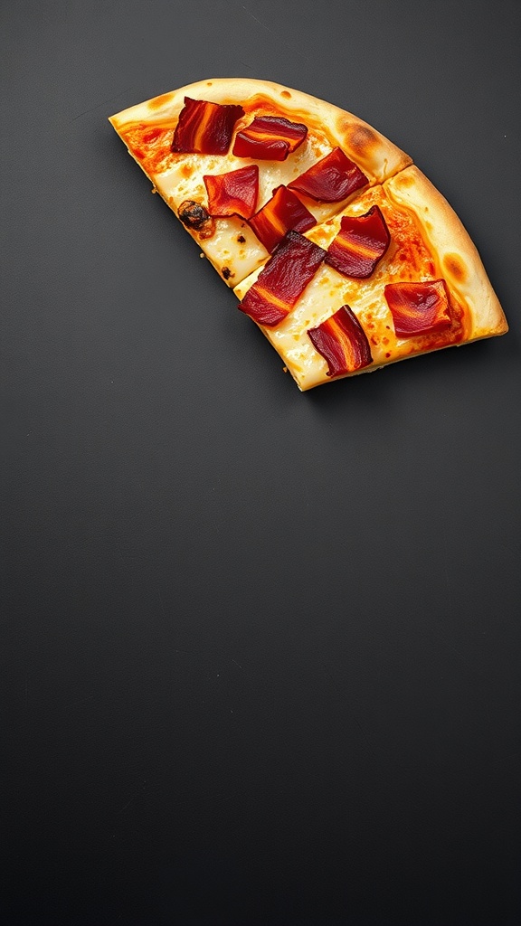 A slice of maple bacon pizza with melted cheese and crispy bacon.