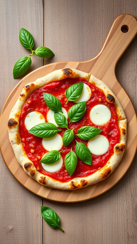 A freshly made Margherita pizza topped with mozzarella and basil on a wooden board.