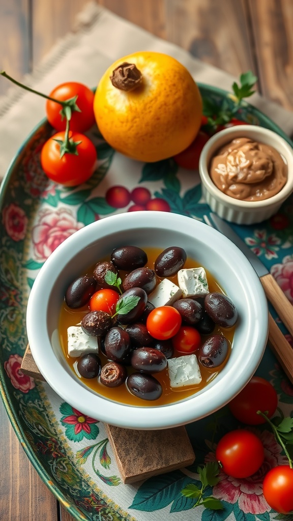 A Mediterranean breakfast bowl with olives, cherry tomatoes, feta cheese, and a side of fruit on a decorative tray.