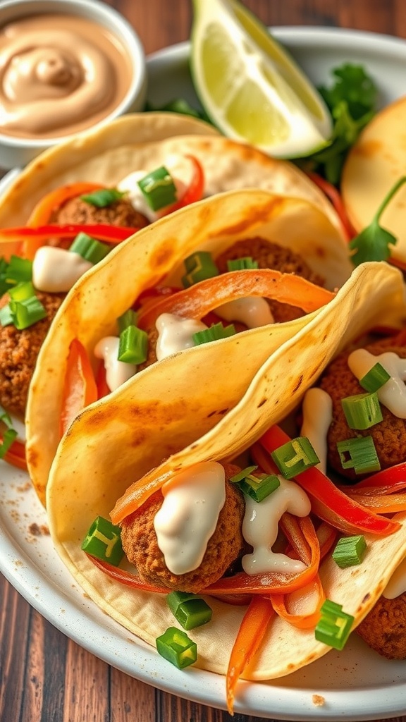 Mediterranean falafel tacos served with fresh vegetables and sauce