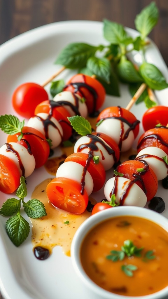 Mini Caprese Salad Skewers with tomatoes, mozzarella, and basil drizzled with balsamic glaze