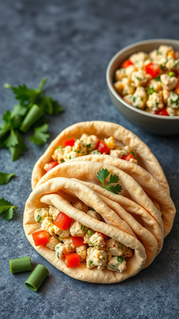 Mini pita breads filled with tuna salad and diced vegetables