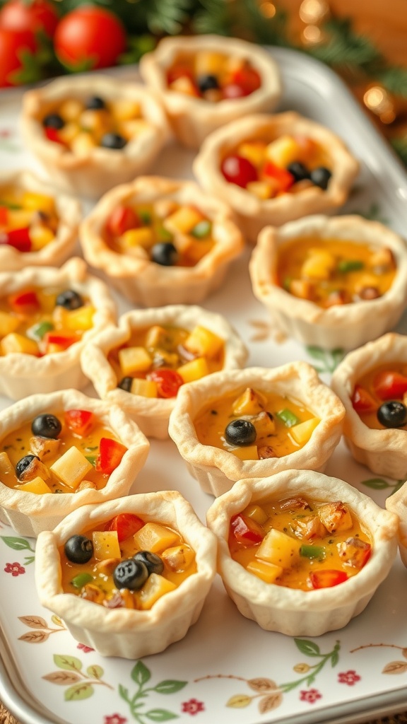 A platter of mini quiches filled with colorful ingredients, perfect for a gender reveal celebration.