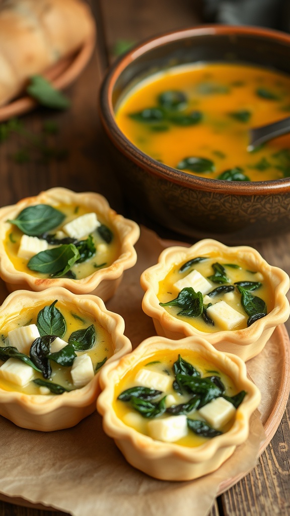 Mini quiches with spinach and feta in a muffin tin