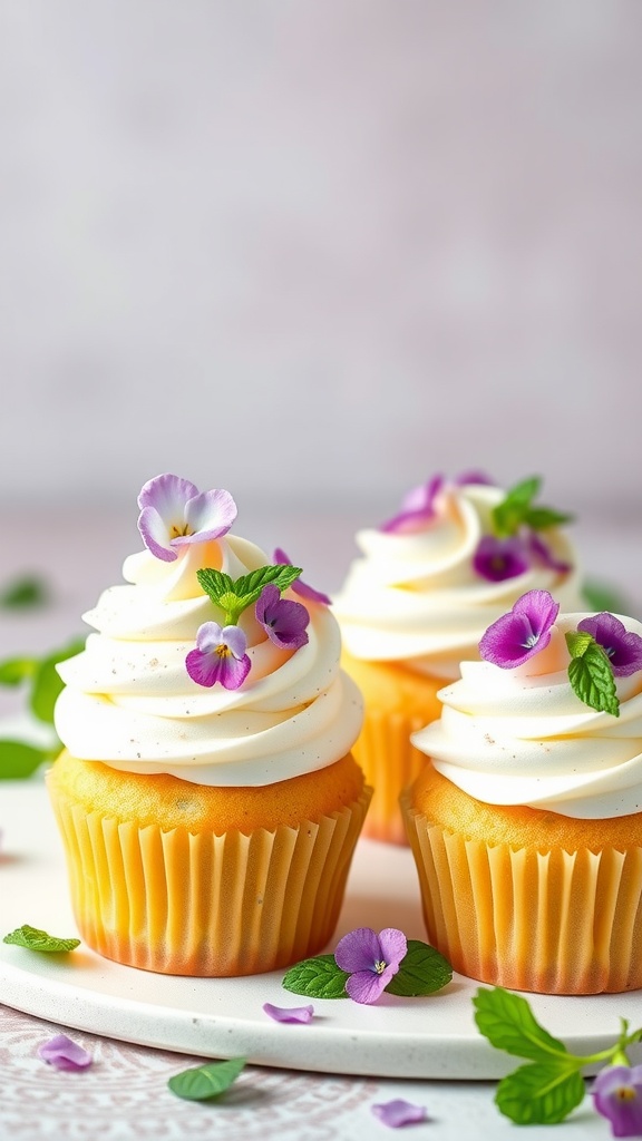 Mint and floral infused cupcakes with white frosting topped with edible flowers and mint leaves.