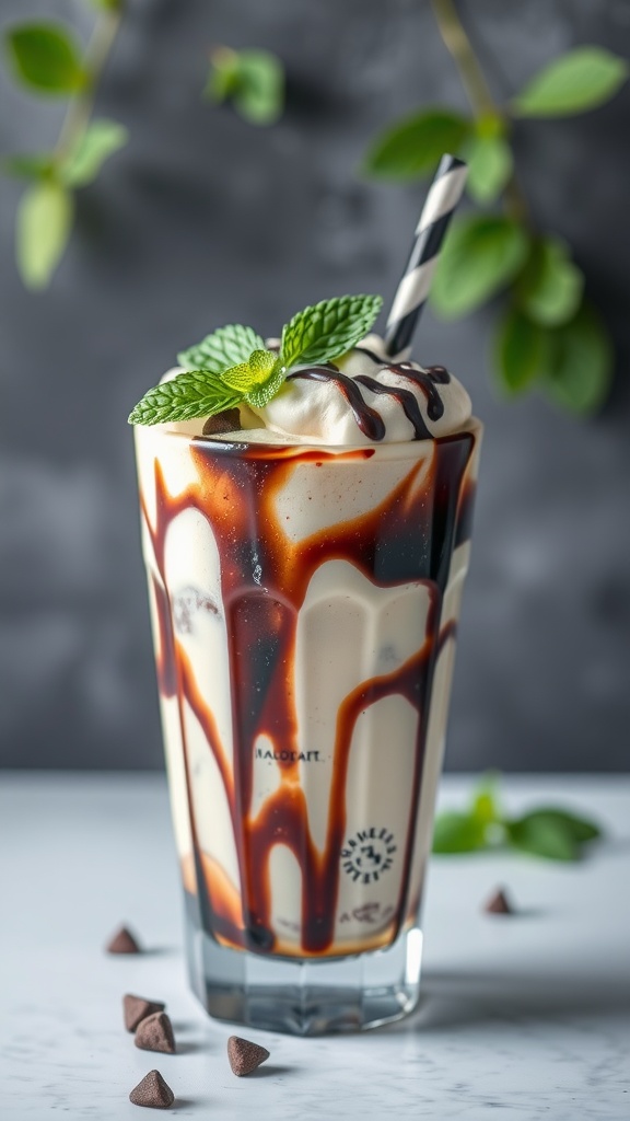 A refreshing minty chocolate chip ice cream float topped with whipped cream and mint leaves.
