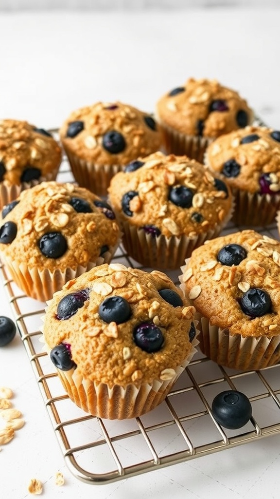 Freshly baked muffins with oats and blueberries on a cooling rack.