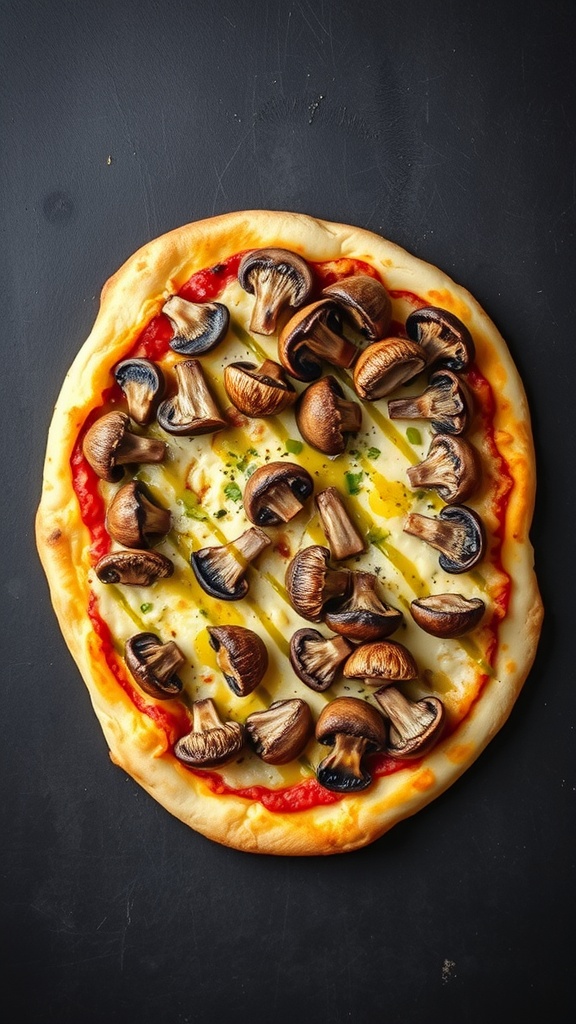 A freshly baked mushroom and truffle oil pizza on a dark surface.