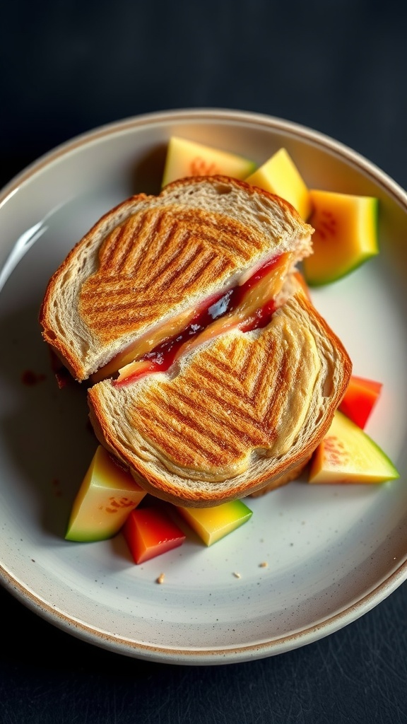 A delicious nut butter and jelly sandwich served with fresh fruit.