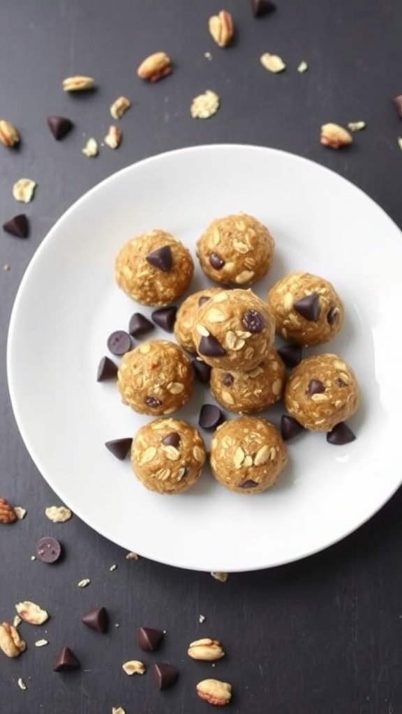 A plate of nut butter energy balls with oats and coffee beans scattered around.