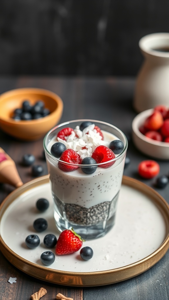 A glass of chia seed pudding topped with fresh berries and coconut flakes, on a round plate with additional berries and a cup of coffee in the background.