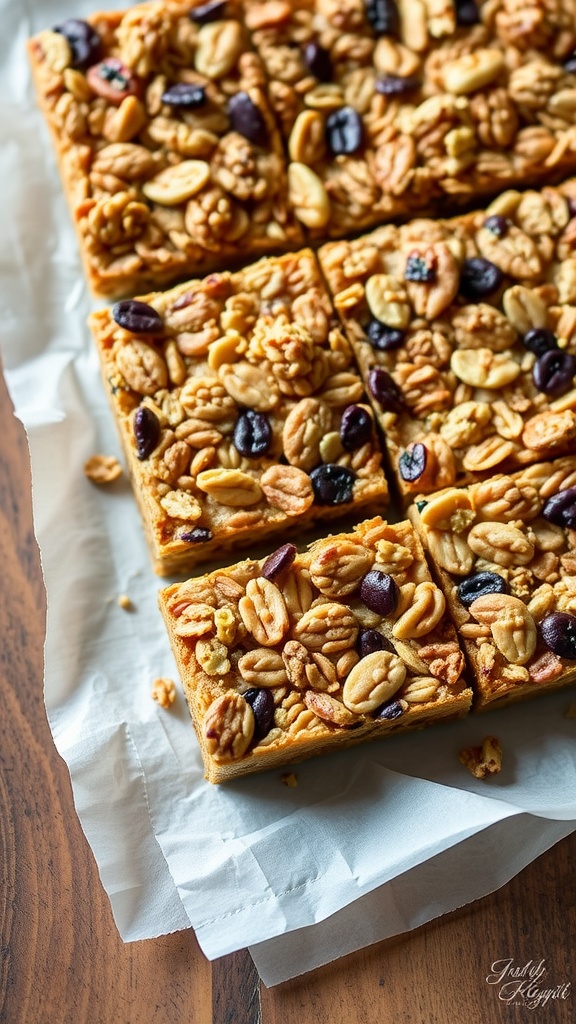 Nutty granola bars cut into squares, perfect for a healthy movie night snack.