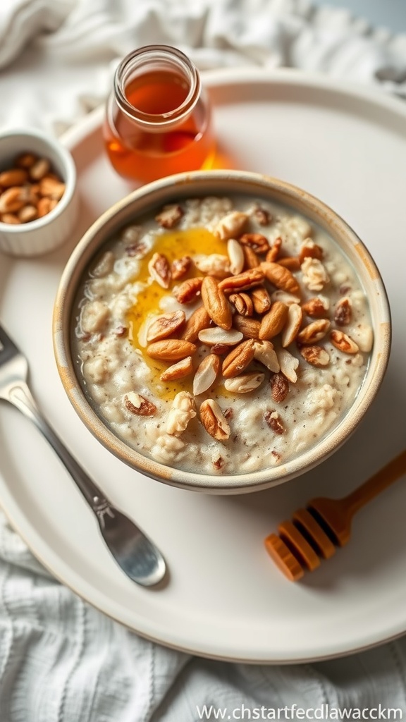 A nutty oatmeal bowl topped with various nuts and a drizzle of honey, served on a tray