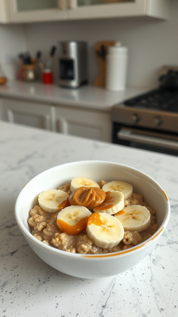 Bowl of oatmeal topped with banana slices and peanut butter.