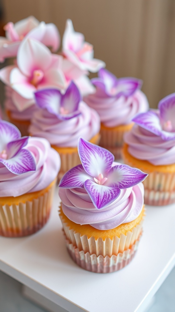 Orchid frosted cupcakes for a bridal shower theme
