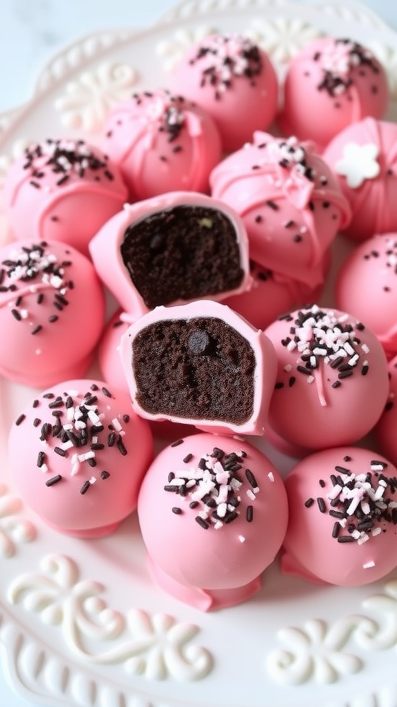 A plate of pink chocolate-dipped Oreo truffles beside Oreo cookies