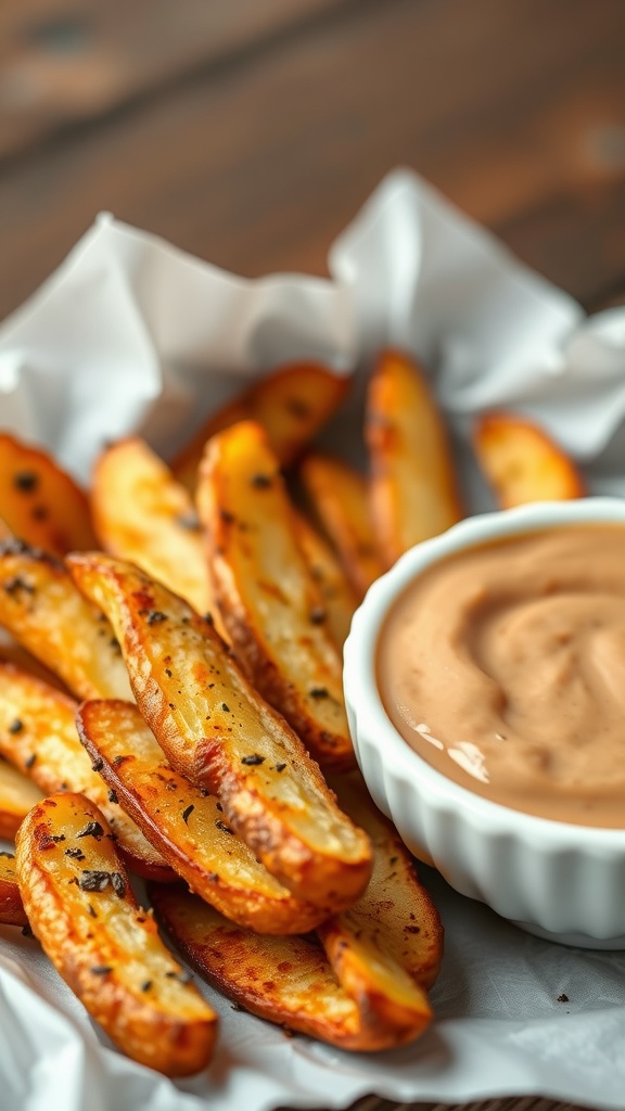 Crispy oven-baked potato wedges served with a creamy dipping sauce.